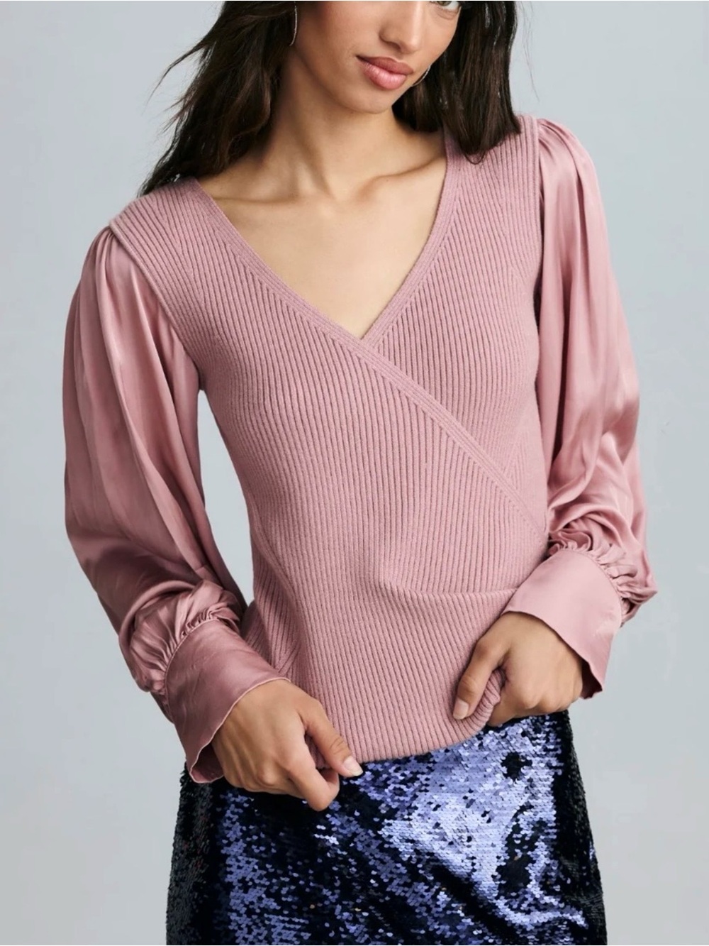 By Anthropologie Twofer Mauve Pink Balloon Sleeve Faux Wrap Ribbed Sweater Top